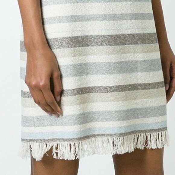 Tory Burch Mini Fringed Boho Dress 10 Ivory Sleeveless Cotton Sheath Stripe - Picture 5 of 8